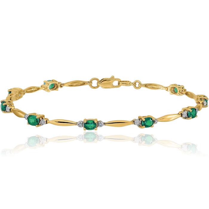 10K Solid Yellow Gold Diamond Oval Green Emerald Chain Gemstone Tennis Bracelet