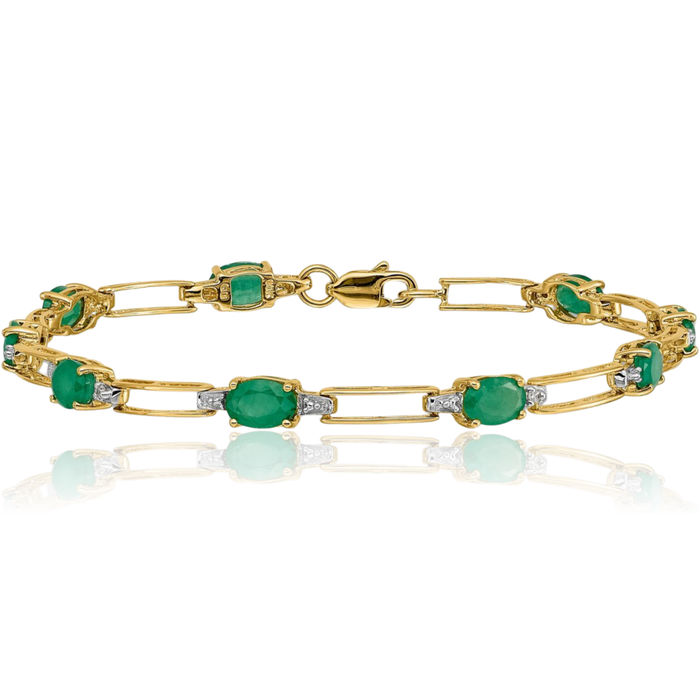 10K Solid Yellow Gold Diamond Oval Green Emerald Chain Gemstone Tennis Bracelet