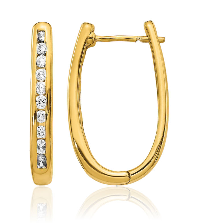 10K Solid Yellow Gold Diamond Oval Medium Hoop Earrings