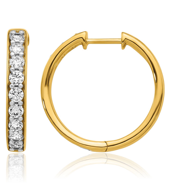 10K Solid Yellow Gold Diamond Round Medium Hoop Earrings