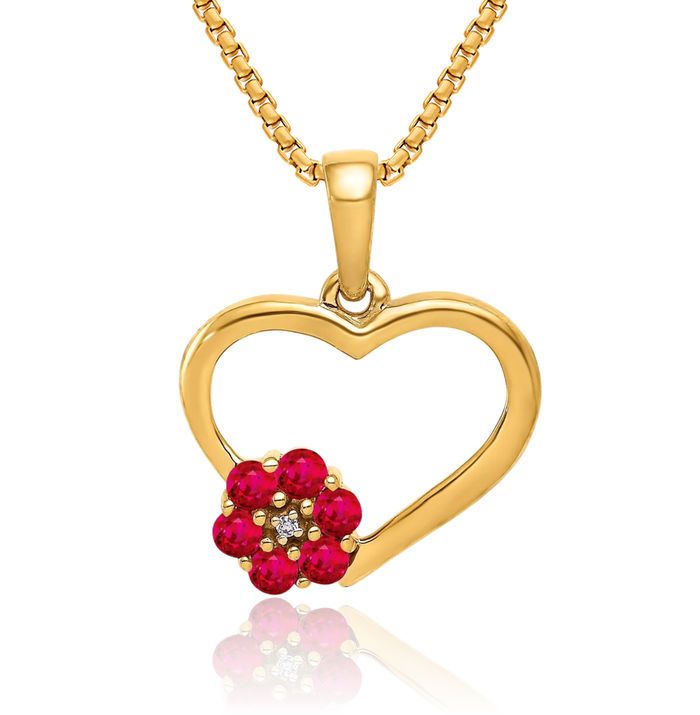 10K Solid Yellow Gold Diamond Red Ruby Heart Flower Necklace Charm Gemstone Pendant