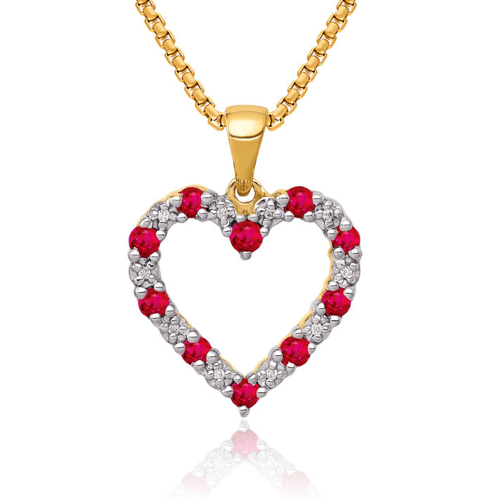 10K Solid Yellow Gold Diamond Red Ruby Heart Necklace Charm Gemstone Pendant