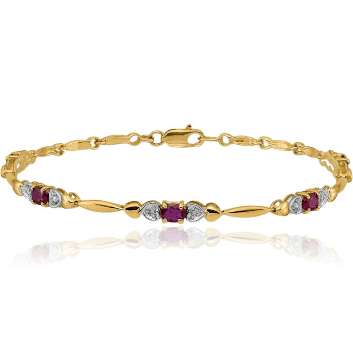 10K Solid Yellow Gold Diamond Red Ruby Chain Gemstone Tennis Bracelet