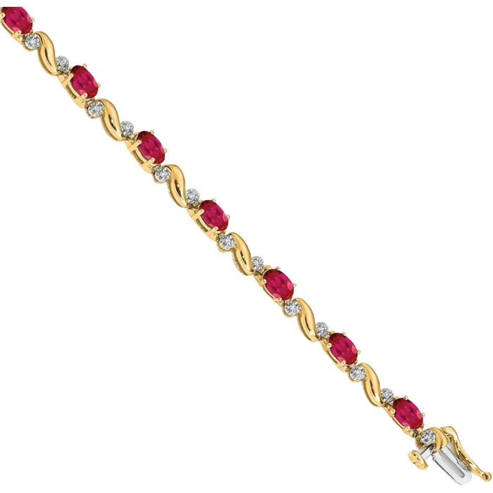 10K Solid Yellow Gold Diamond Red Ruby Chain Gemstone Tennis Bracelet