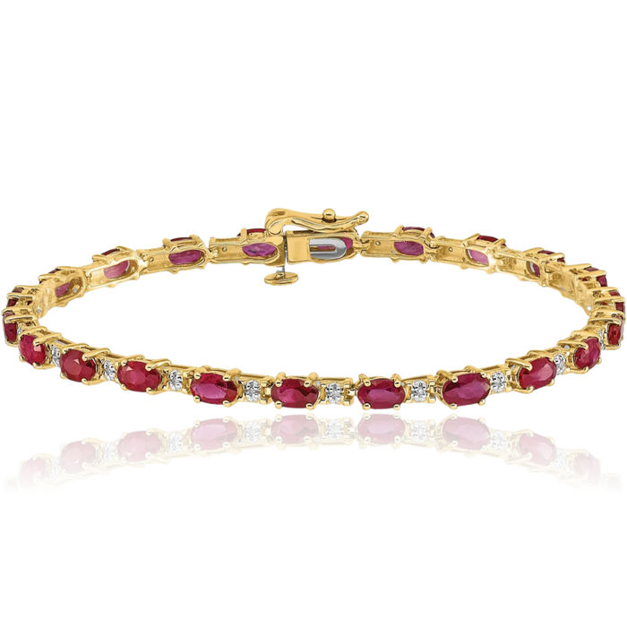 10K Solid Yellow Gold Diamond Red Ruby Chain Gemstone Tennis Bracelet