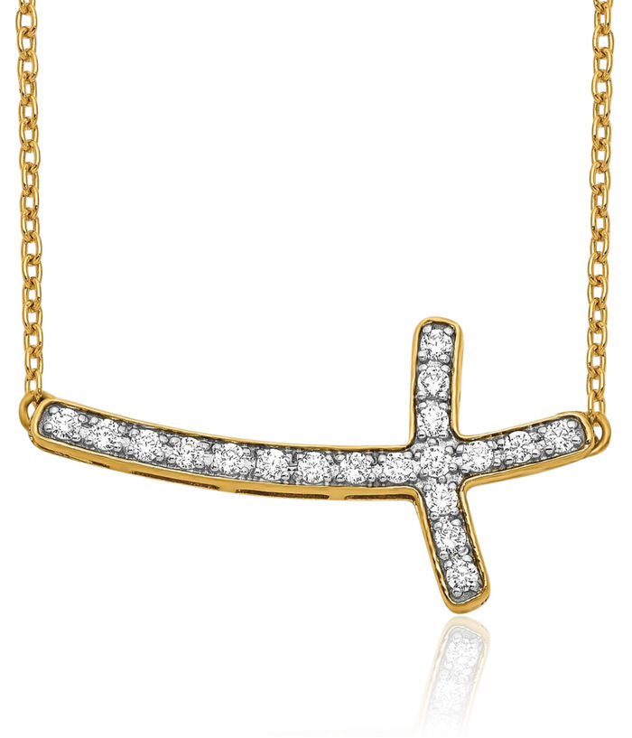 10K Solid Yellow Gold Diamond Sideways Holy Cross Necklace Chain