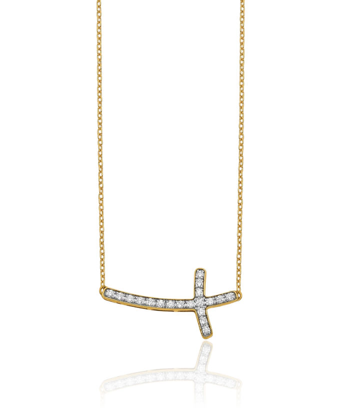 10K Solid Yellow Gold Diamond Sideways Holy Cross Necklace Chain