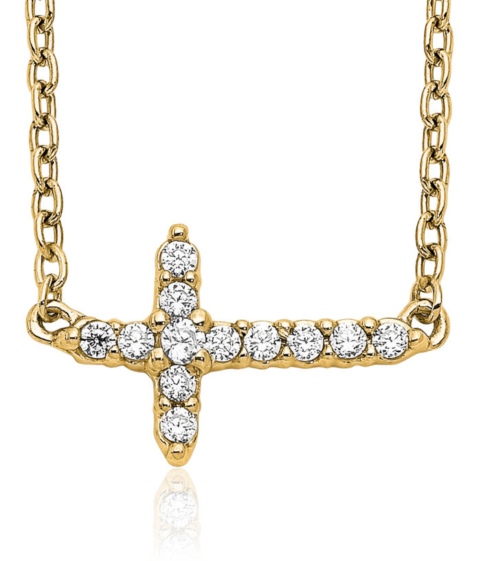 10K Solid Yellow Gold Diamond Sideways Holy Cross Necklace Chain