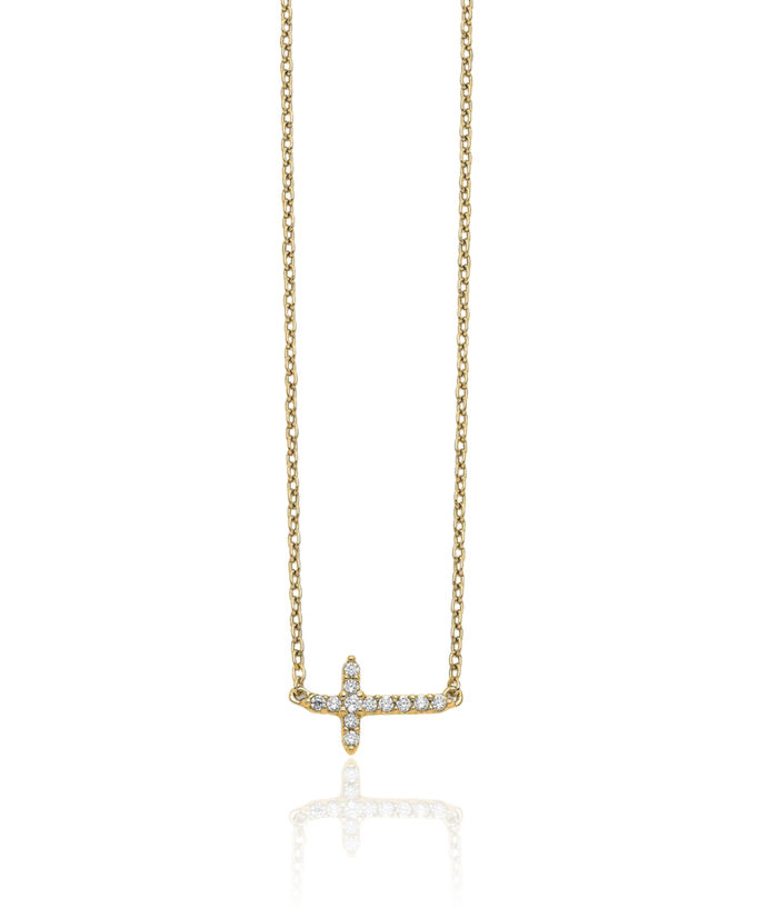 10K Solid Yellow Gold Diamond Sideways Holy Cross Necklace Chain