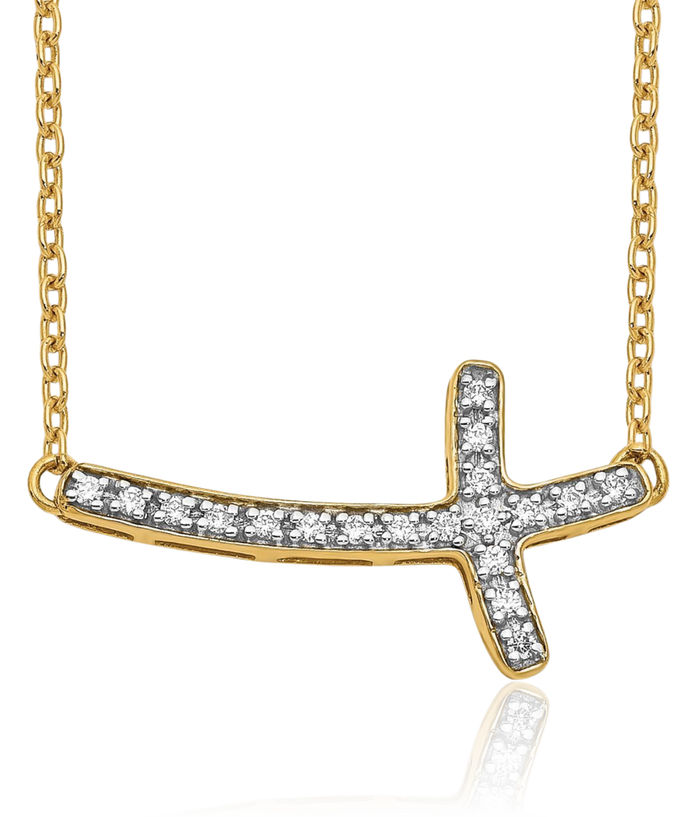 10K Solid Yellow Gold Diamond Sideways Holy Cross Necklace Chain