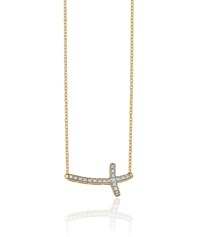 10K Solid Yellow Gold Diamond Sideways Holy Cross Necklace Chain