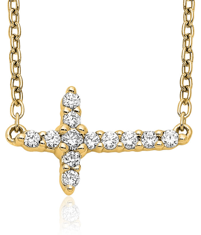 10K Solid Yellow Gold Diamond Sideways Holy Cross Necklace Chain