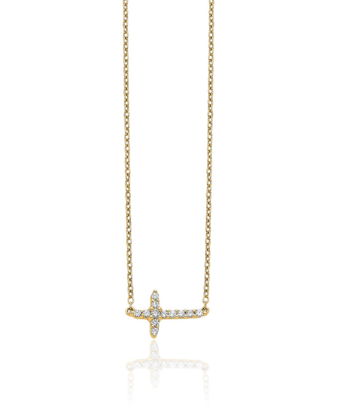 10K Solid Yellow Gold Diamond Sideways Holy Cross Necklace Chain