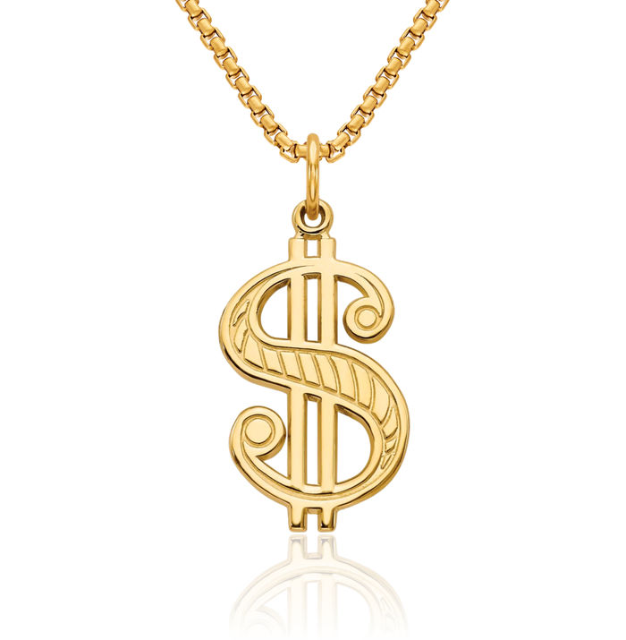 10K Solid Yellow Gold Dollar Sign Necklace Chain Pendant Charm