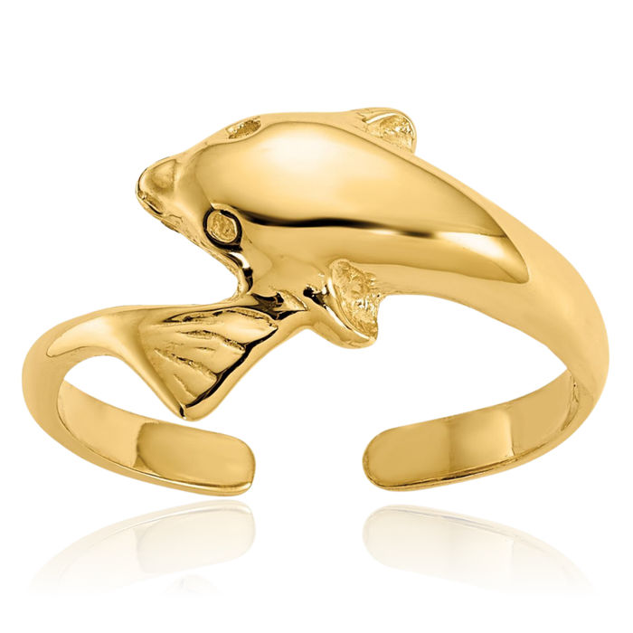 10K Solid Yellow Gold Dolphin Adjustable Toe Ring Open Midi Band Summer Beach Jewelry