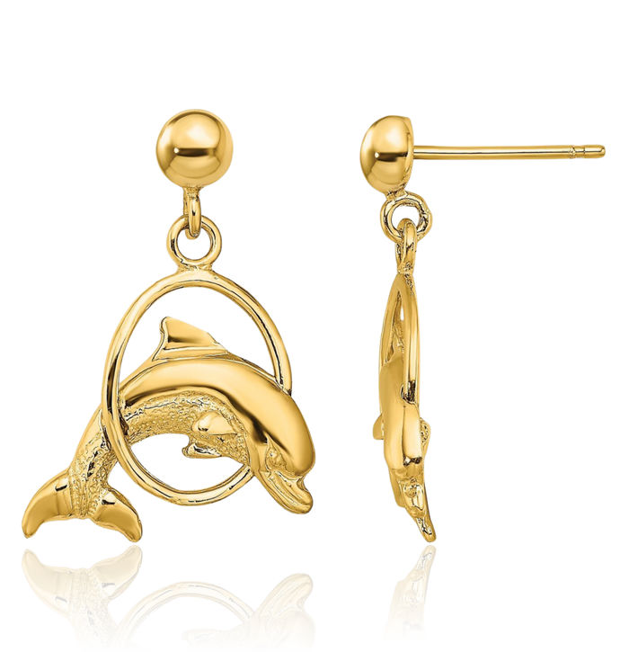 10K Solid Yellow Gold Sea Dolphin Ocean Fish Beach Nautical Drop Dangle Earrings