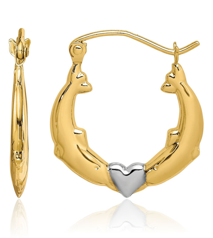 10K Solid Yellow Gold Sea Dolphin Ocean Fish Beach Nautical Heart Friendship Small Hoop Earrings