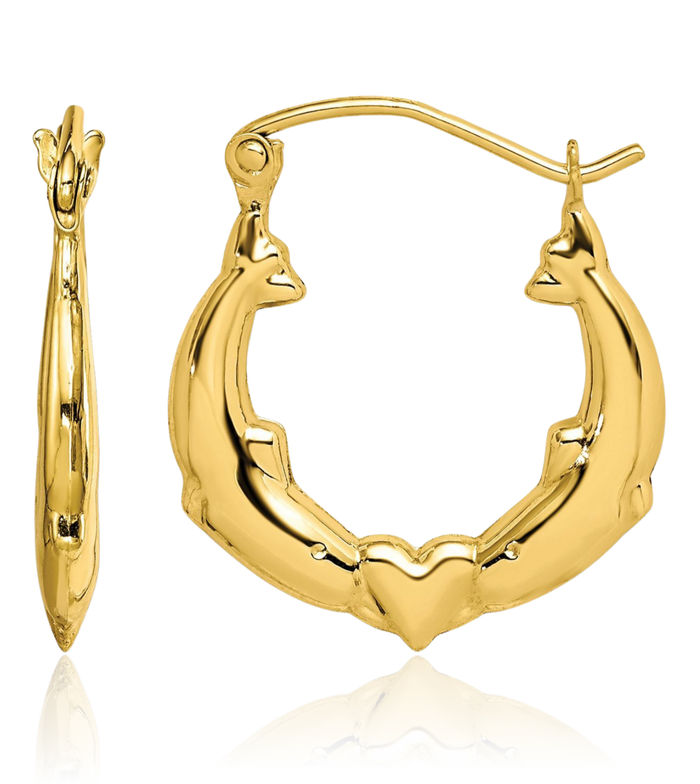 10K Solid Yellow Gold Sea Dolphin Ocean Fish Beach Nautical Heart Friendship Small Hoop Earrings