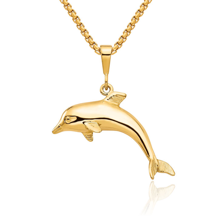 10K Solid Yellow Gold Sea Dolphin Necklace Ocean Fish Pendant Summer Beach Nautical Charm