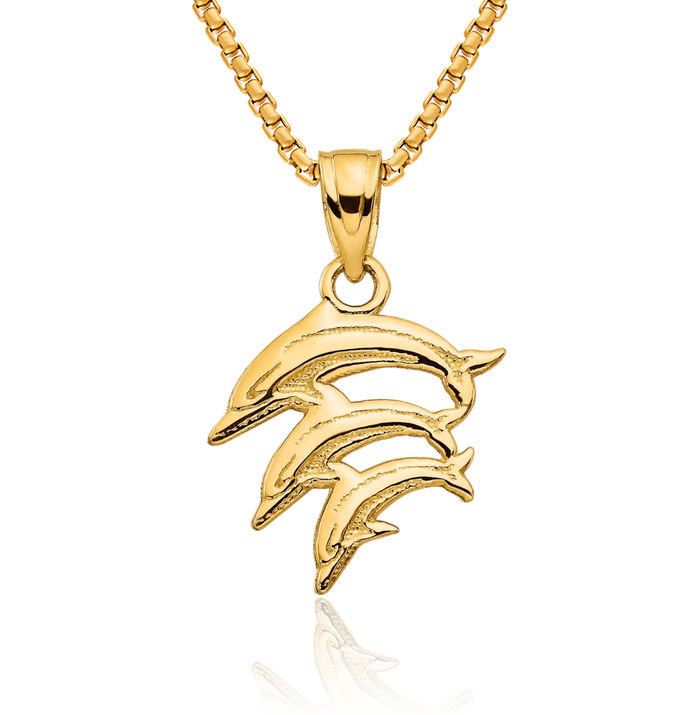 10K Solid Yellow Gold Sea Dolphin Necklace Ocean Fish Pendant Summer Beach Nautical Charm