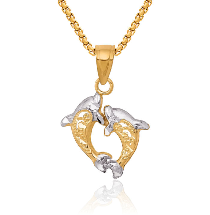 10K Solid Yellow Gold Sea Dolphin Necklace Ocean Fish Pendant Summer Beach Nautical Charm