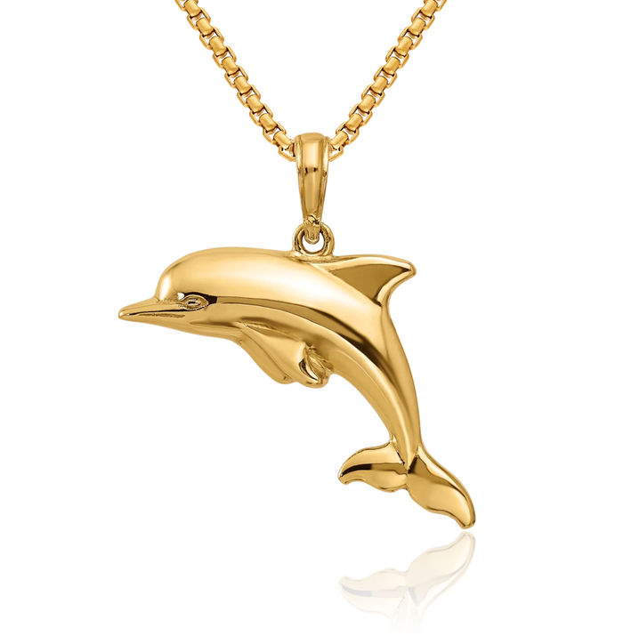 10K Solid Yellow Gold Sea Dolphin Necklace Ocean Fish Pendant Summer Beach Nautical Charm