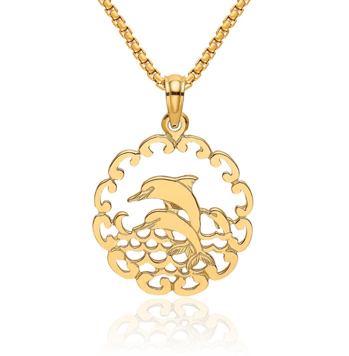 10K Solid Yellow Gold Sea Dolphin Necklace Ocean Fish Pendant Summer Beach Nautical Charm