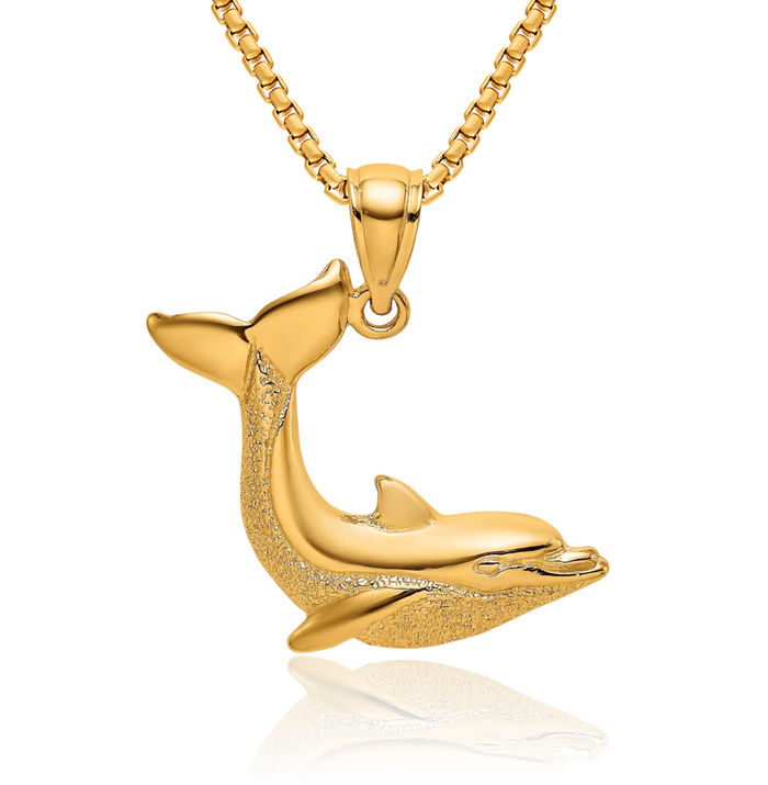 10K Solid Yellow Gold Sea Dolphin Necklace Ocean Fish Pendant Summer Beach Nautical Charm