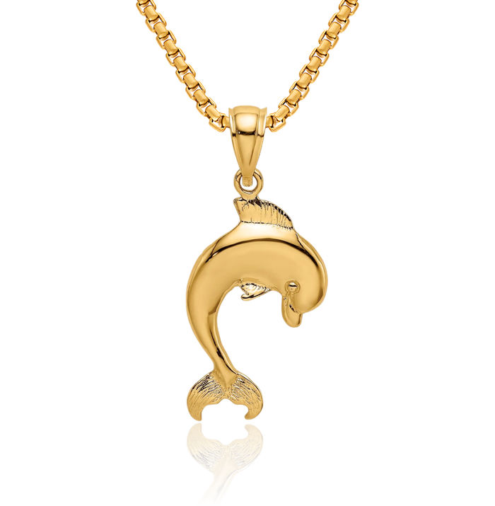 10K Solid Yellow Gold Sea Dolphin Necklace Ocean Fish Pendant Summer Beach Nautical Charm