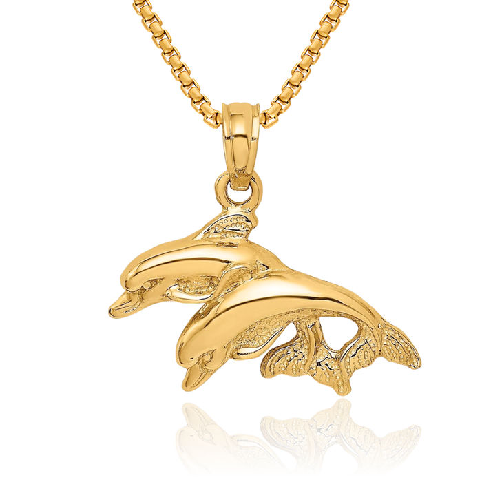 10K Solid Yellow Gold Sea Dolphin Necklace Ocean Fish Pendant Summer Beach Nautical Charm