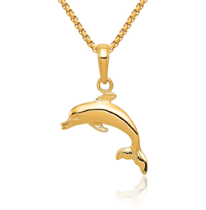 10K Solid Yellow Gold Sea Dolphin Necklace Ocean Fish Pendant Summer Beach Nautical Charm