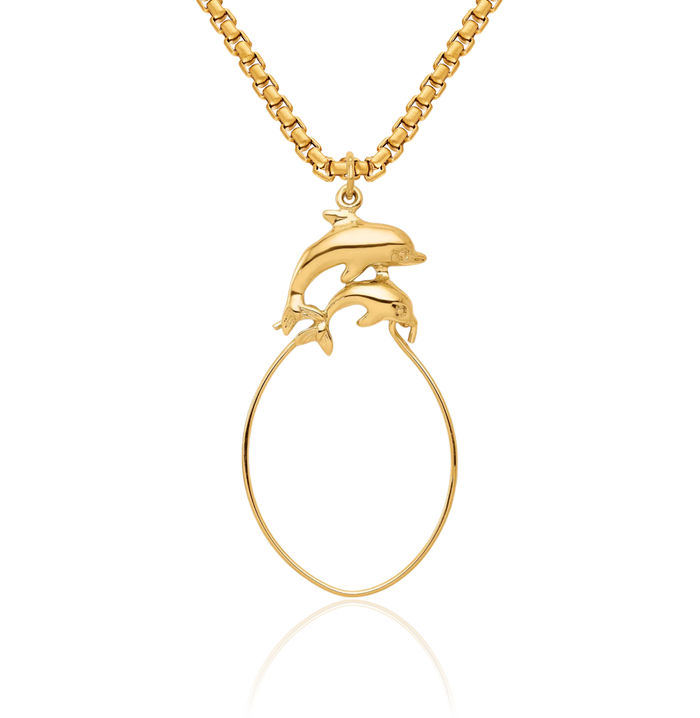 10K Solid Yellow Gold Sea Dolphin Necklace Ocean Fish Pendant Summer Beach Nautical Charm Holder