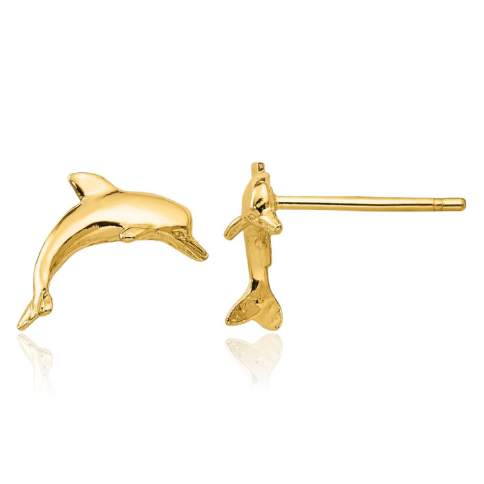 10K Solid Yellow Gold Sea Dolphin Ocean Fish Beach Nautical Stud Earrings