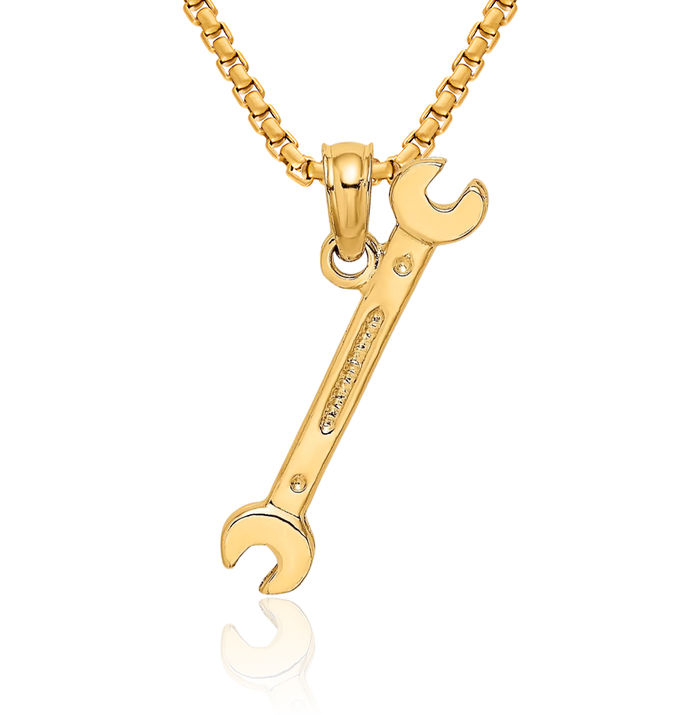 10K Solid Yellow Gold Double Ended Wrench Necklace Mechanic Chain Pendant Charm