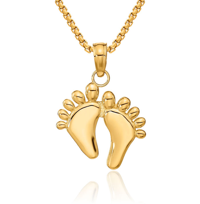 10K Solid Yellow Gold Double Feet Hang Ten Necklace Chain Pendant Charm