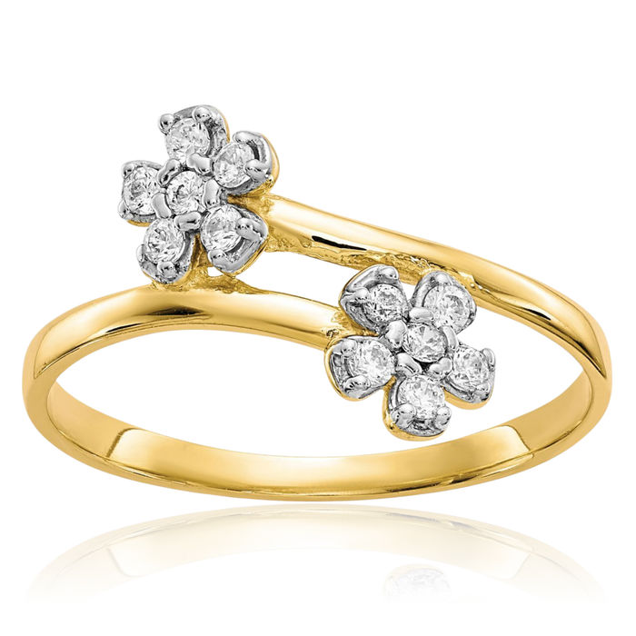 10K Solid Yellow Gold Double Flower Cubic Zirconia CZ Ring