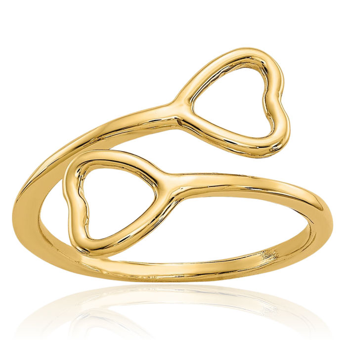 10K Solid Yellow Gold Double Heart Adjustable Toe Ring Open Midi Band Summer Beach Jewelry