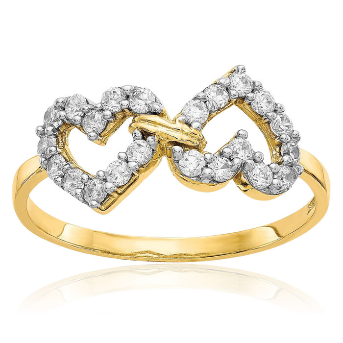 10K Solid Yellow Gold Double Heart Cubic Zirconia CZ Ring