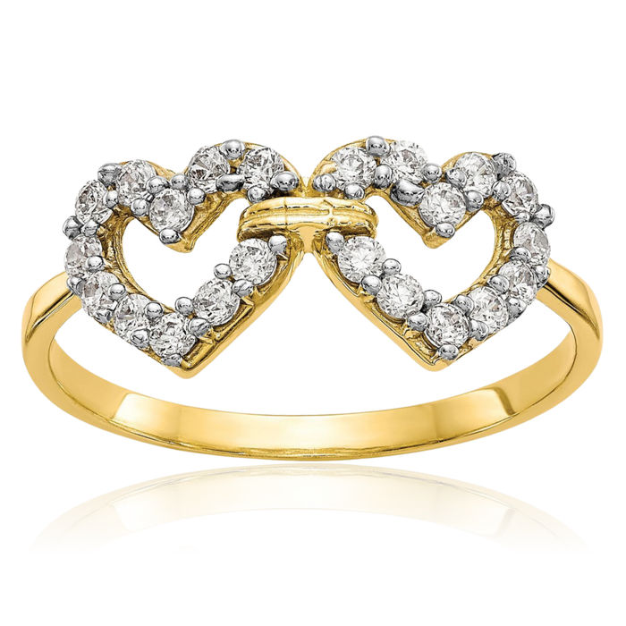 10K Solid Yellow Gold Double Heart Cubic Zirconia CZ Ring