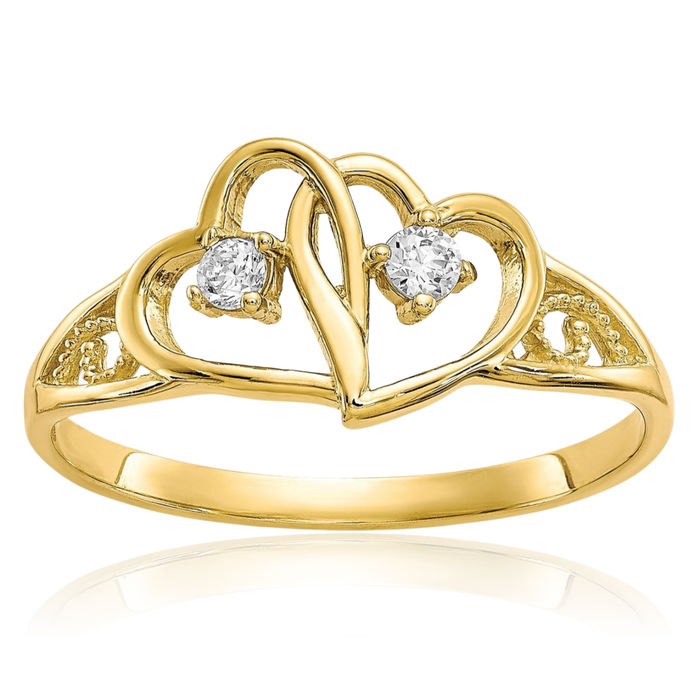 10K Solid Yellow Gold Double Heart Cubic Zirconia CZ Ring