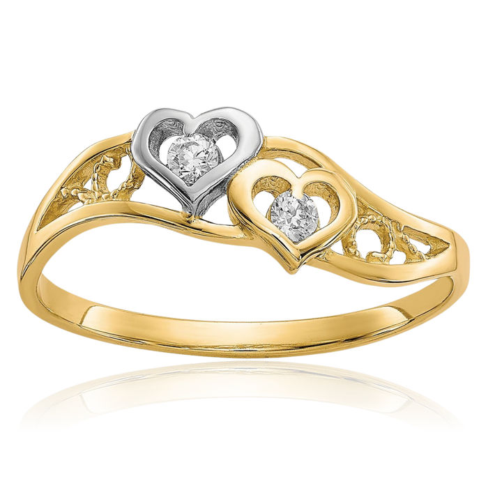 10K Solid Yellow Gold Double Heart Cubic Zirconia CZ Ring