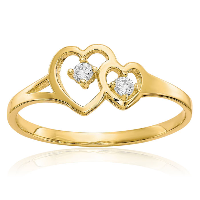 10K Solid Yellow Gold Double Heart Cubic Zirconia CZ Ring