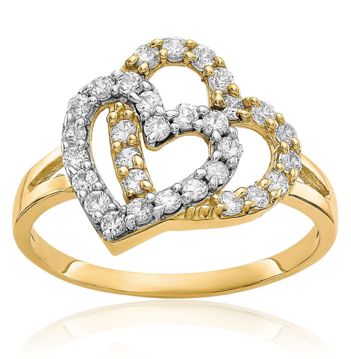 10K Solid Yellow Gold Double Heart Cubic Zirconia CZ Ring