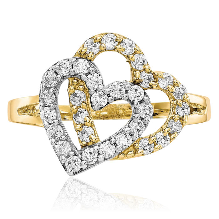 10K Solid Yellow Gold Double Heart Cubic Zirconia CZ Ring