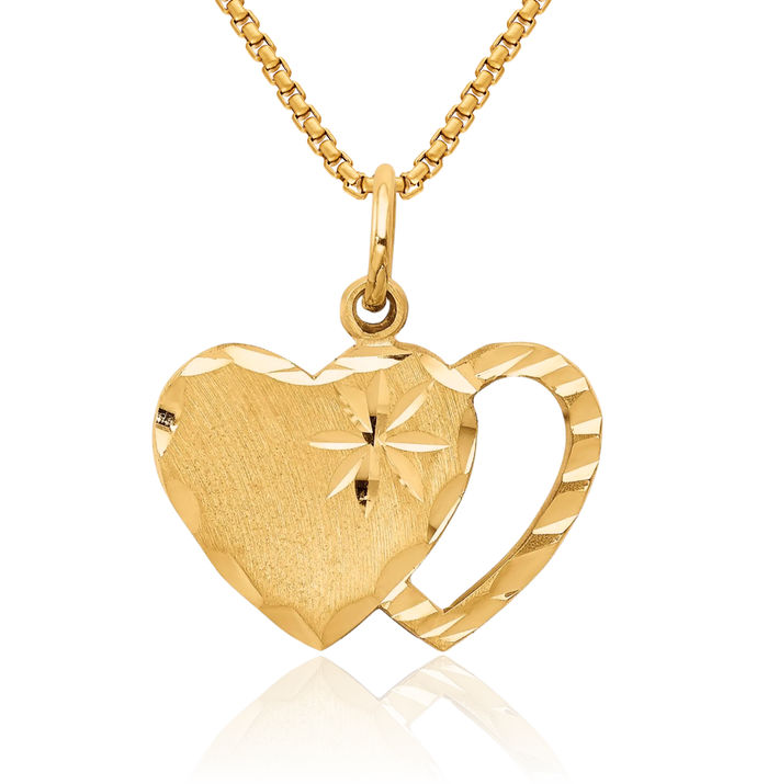 10K Solid Yellow Gold Double Heart Necklace Love Pendant Charm