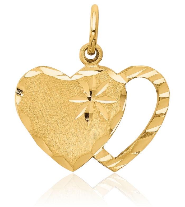 10K Solid Yellow Gold Double Heart Necklace Love Pendant Charm