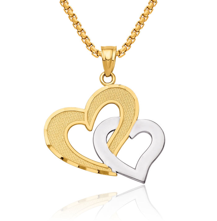 10K Solid Yellow Gold Double Heart Necklace Love Pendant Charm