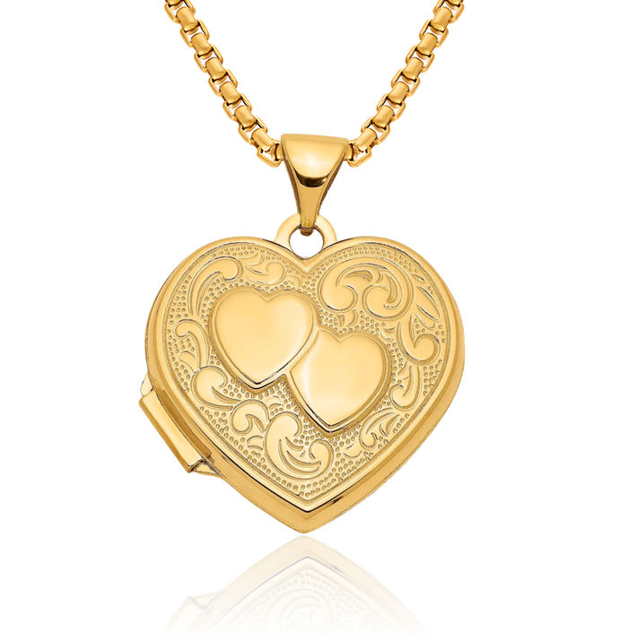 10K Solid Yellow Gold Double Heart Personalized Photo Locket Necklace Picture Pendant Charm