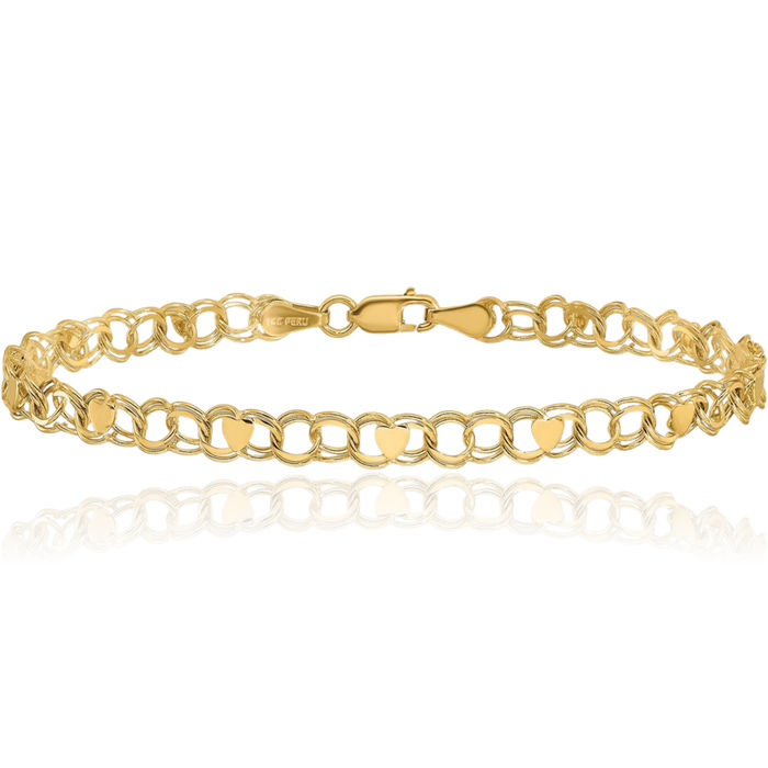 10K Solid Yellow Gold Double Link Heart Charm Bracelet