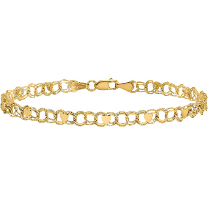 10K Solid Yellow Gold Double Link Heart Charm Bracelet